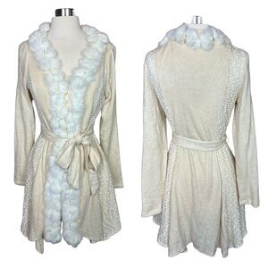 RYU Cream Neutral Knit Rabbit Fur Trim Comfy Longline Belted Cardigan Sweater M